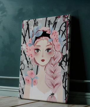 Ilustración caprichosa de una chica con cabello rosa y corona floral