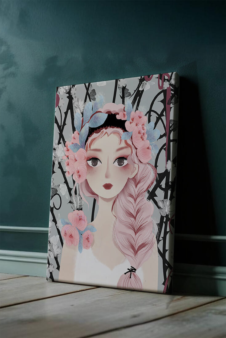 Whimsical illustration of a girl with pink hair and floral crown