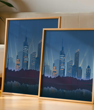 Paisaje urbano moderno con rascacielos iluminados reflejándose en el agua