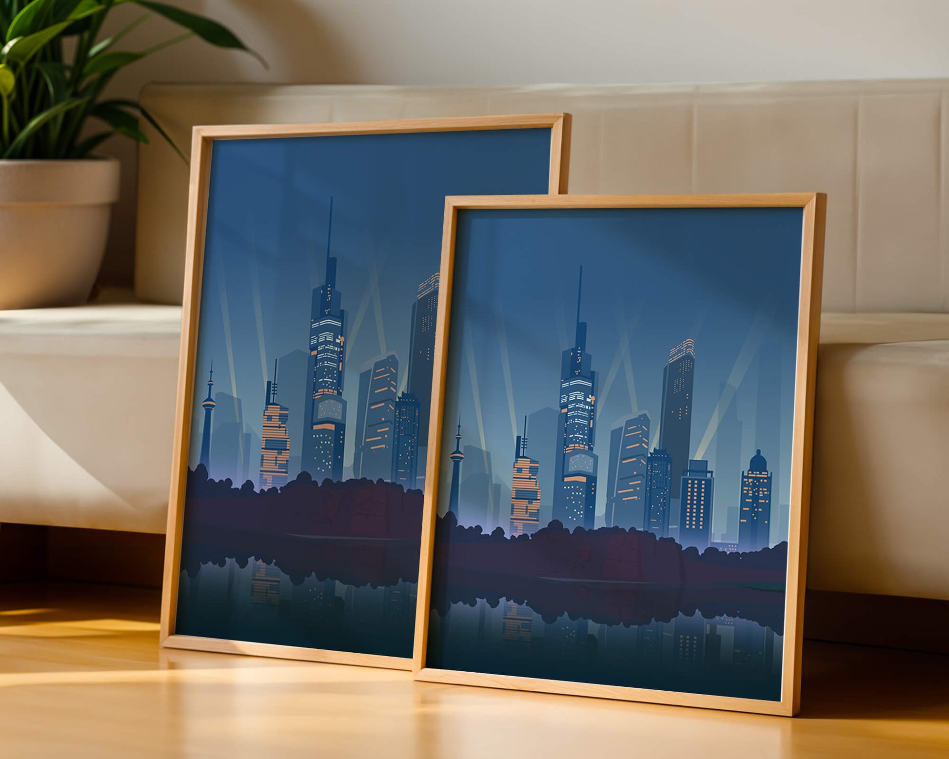 Modern cityscape with illuminated skyscrapers reflecting on water