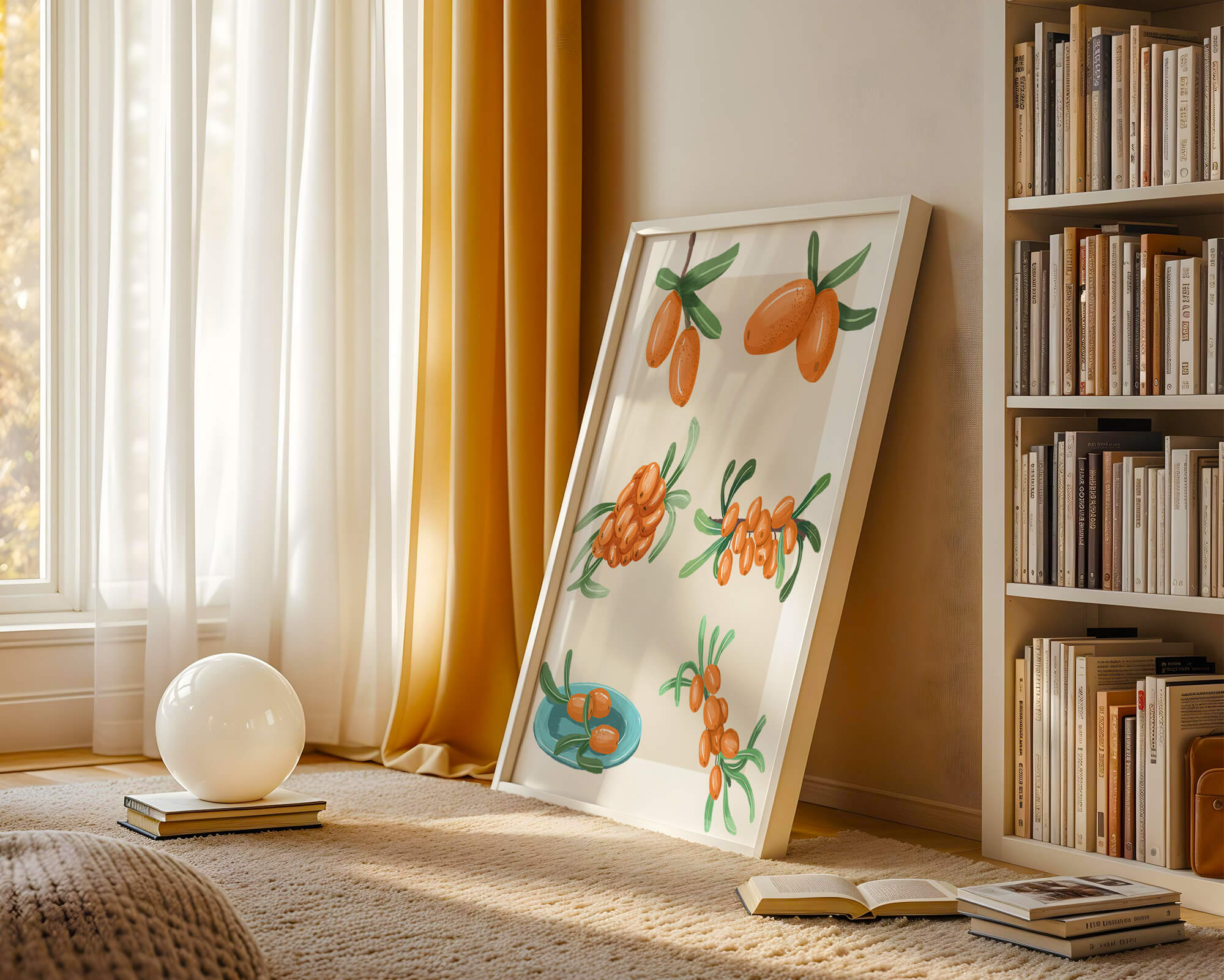 Illustrations of seabuckthorn berries with green leaves