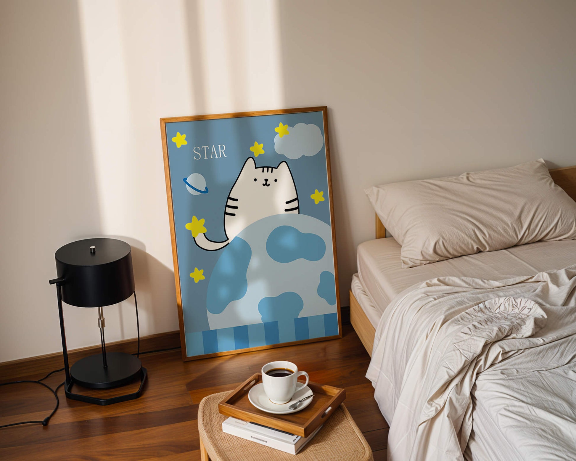Illustration of a cute cat in space with stars and planets