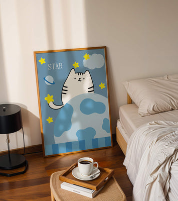 Illustration of a cute cat in space with stars and planets