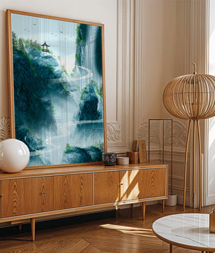 Serene mountain landscape with a pavilion and waterfall