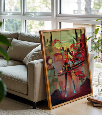 Futuristic warrior in a cyberpunk cityscape with swords and red accents