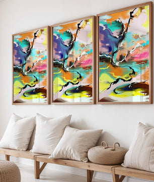 Pintura abstracta colorida con líneas vibrantes y dinámicas