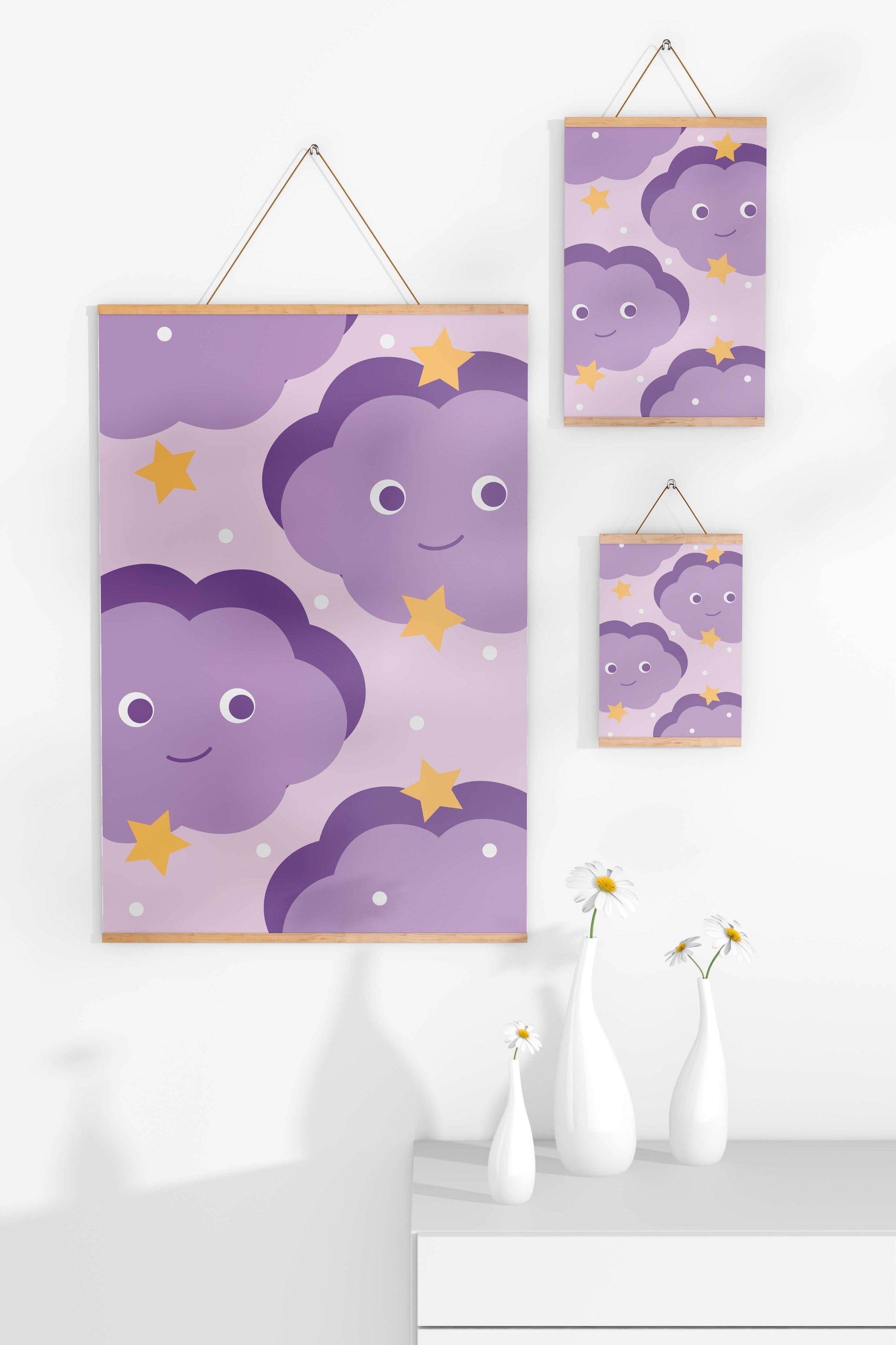 Whimsical purple cloud and star pattern for children's room decor
