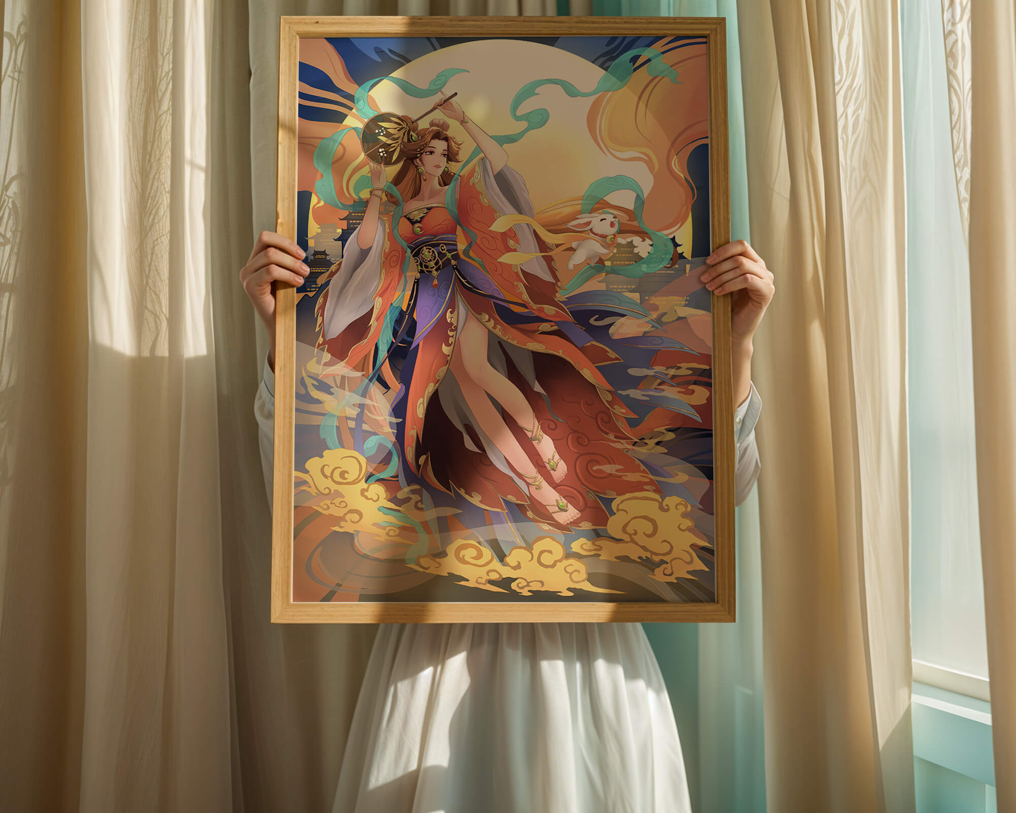 Elegant goddess with flowing robes against a mystical backdrop