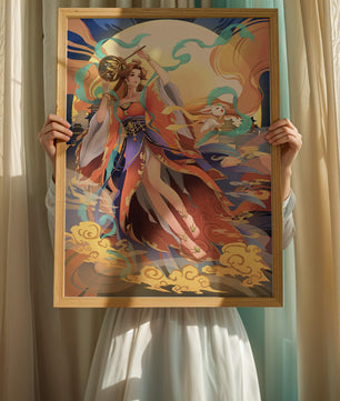 Elegant goddess with flowing robes against a mystical backdrop
