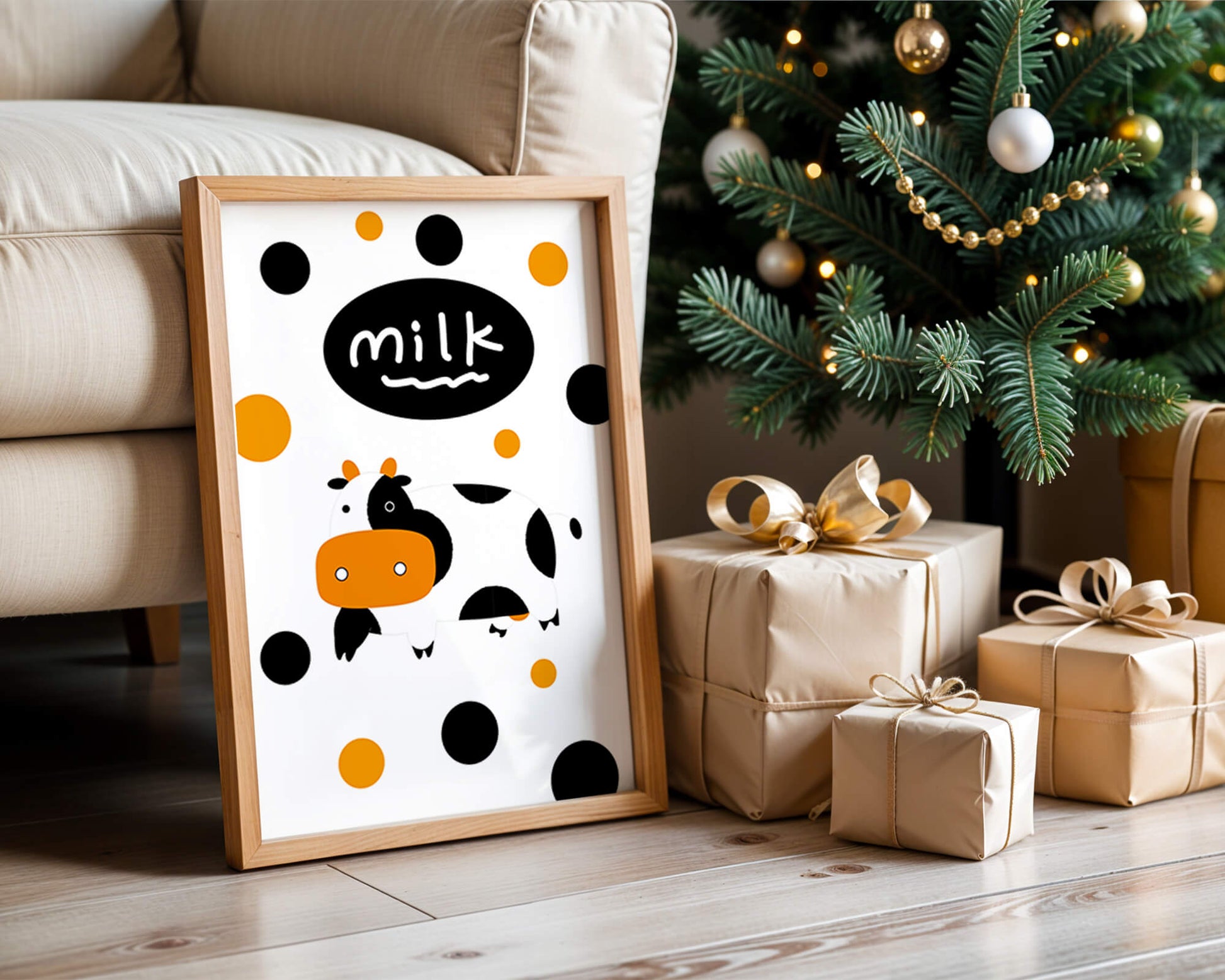 Illustrated cow with modern design and abstract elements