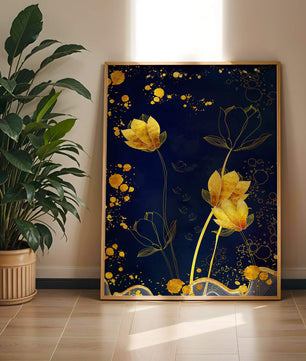 Elegant floral artwork with golden accents on deep blue background
