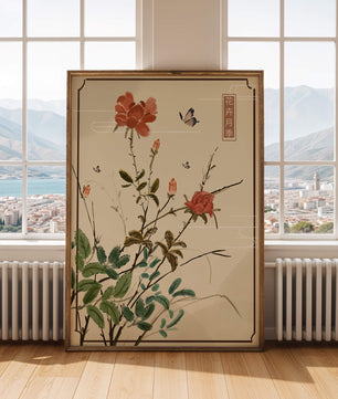 Delicate Floral Art with Red Flowers and Butterflies