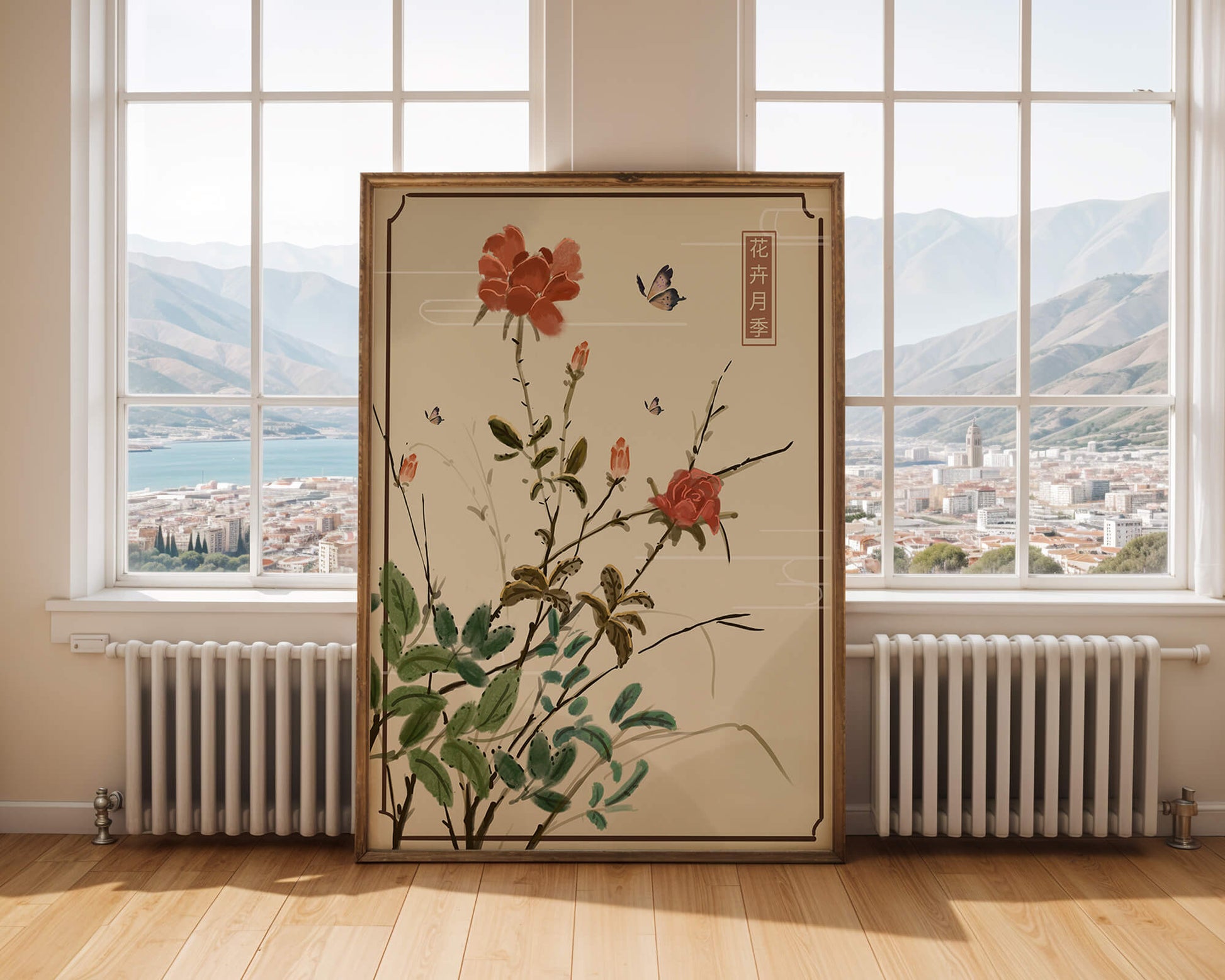 Delicado arte floral con flores rojas y mariposas