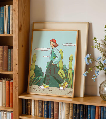 Person walking in desert landscape with cacti