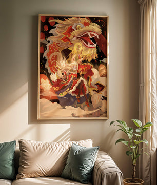 Personnage dynamique avec dragon et lanternes dans une œuvre d'art animée et vibrante