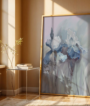 Delicate blue and white floral painting with soft brush strokes