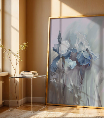 Delicate blue and white floral painting with soft brush strokes