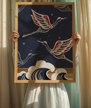 Illustrative cranes flying over ocean waves with dark background