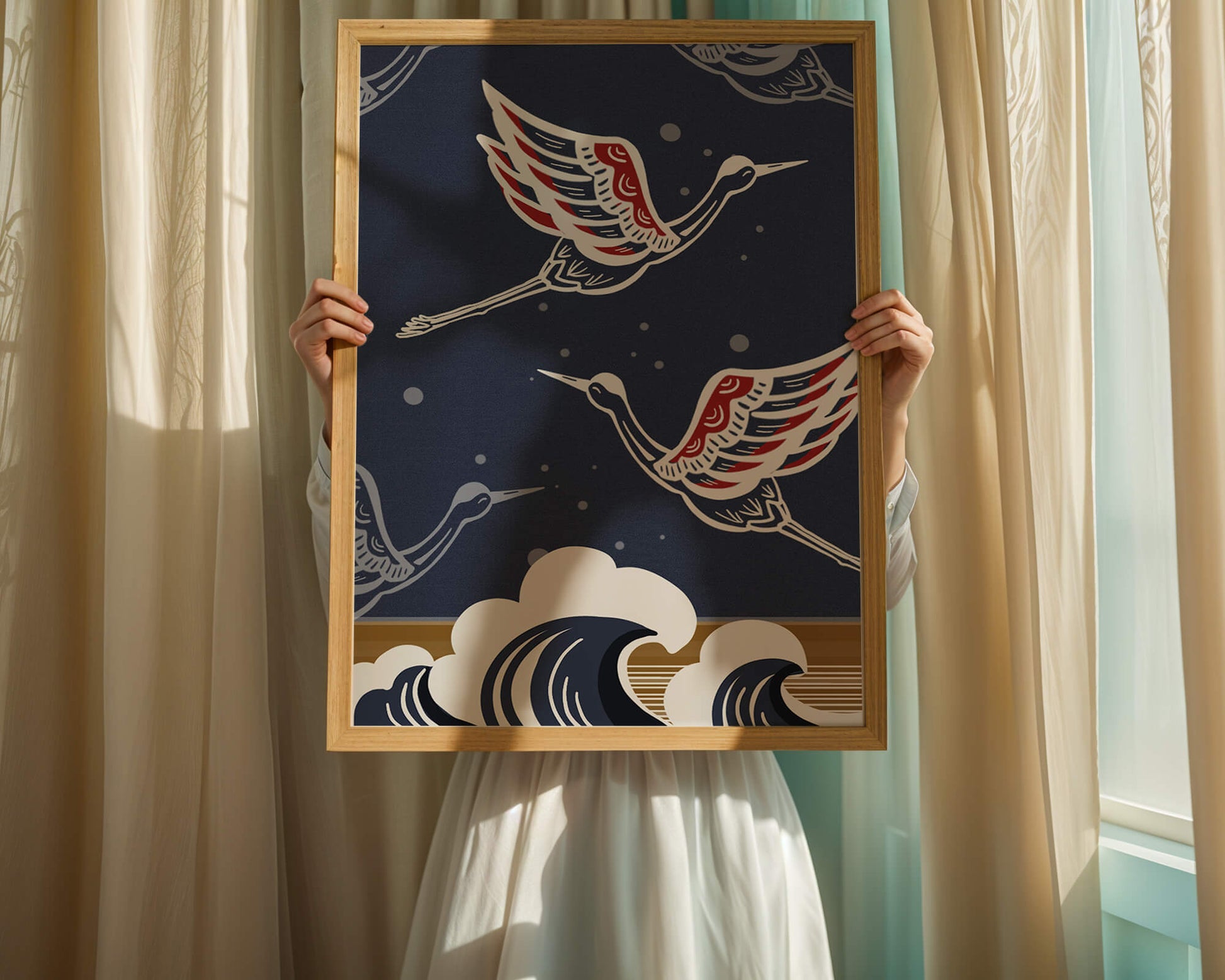 Illustrative cranes flying over ocean waves with dark background