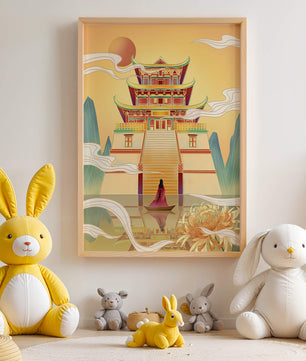 Ancient temple with serene landscape and vibrant colors artwork