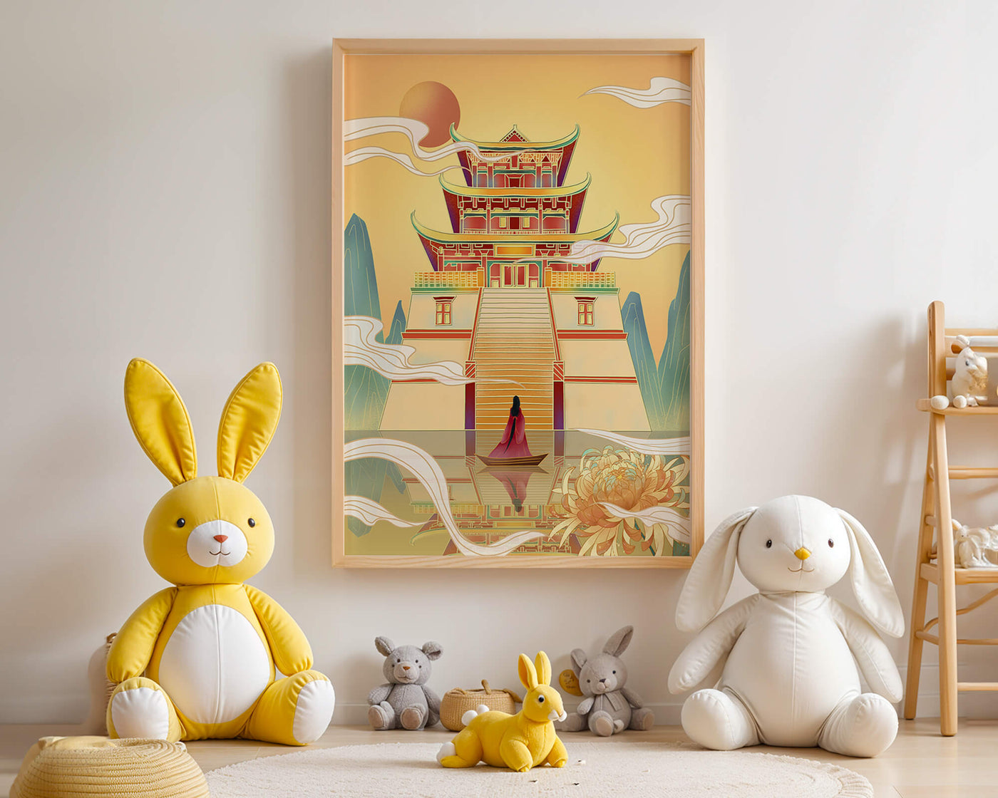Ancient temple with serene landscape and vibrant colors artwork