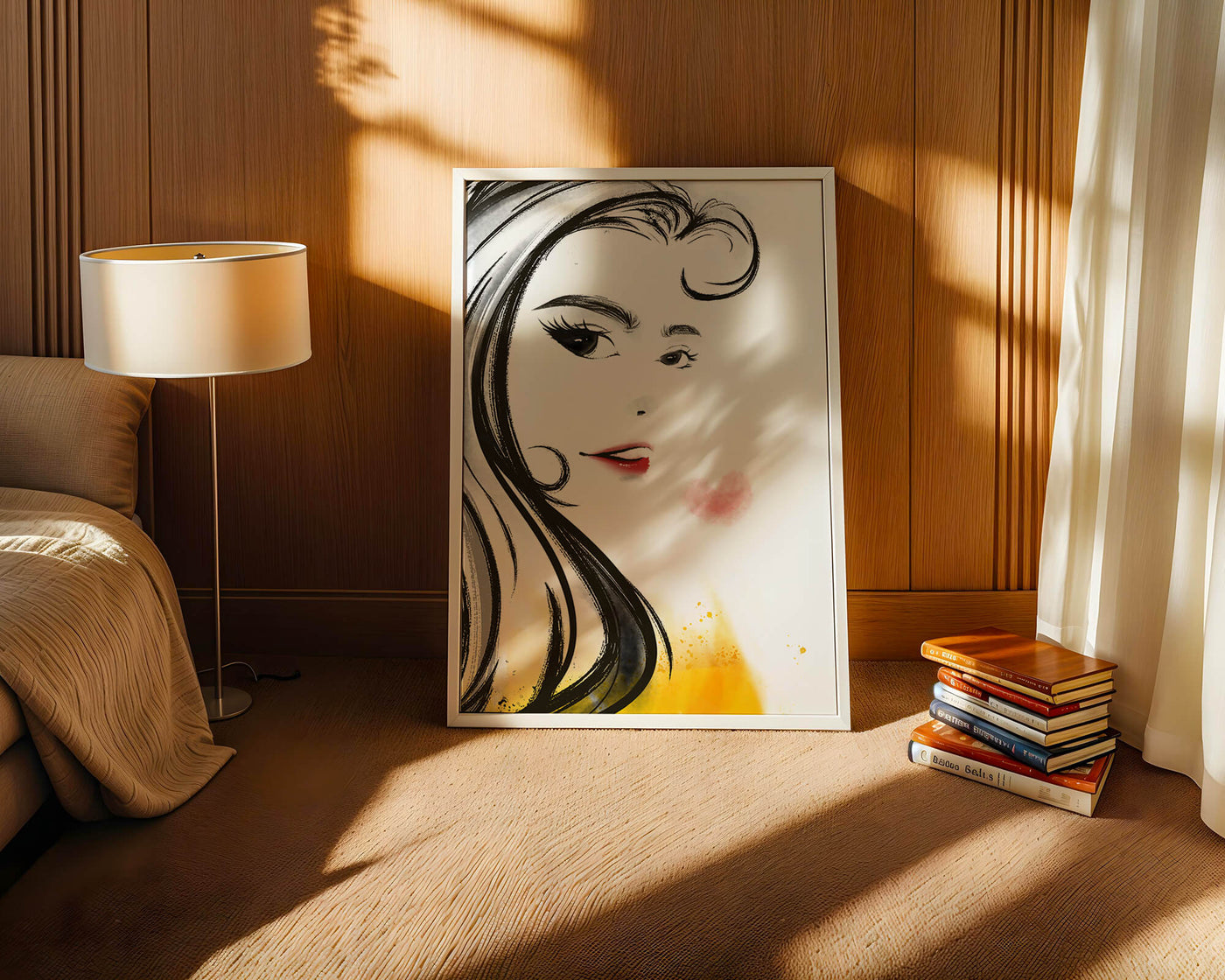 Elegant portrait sketch with red lips and a heart motif