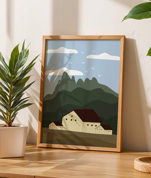 Paisaje minimalista de montaña con casas y pájaros en el cielo