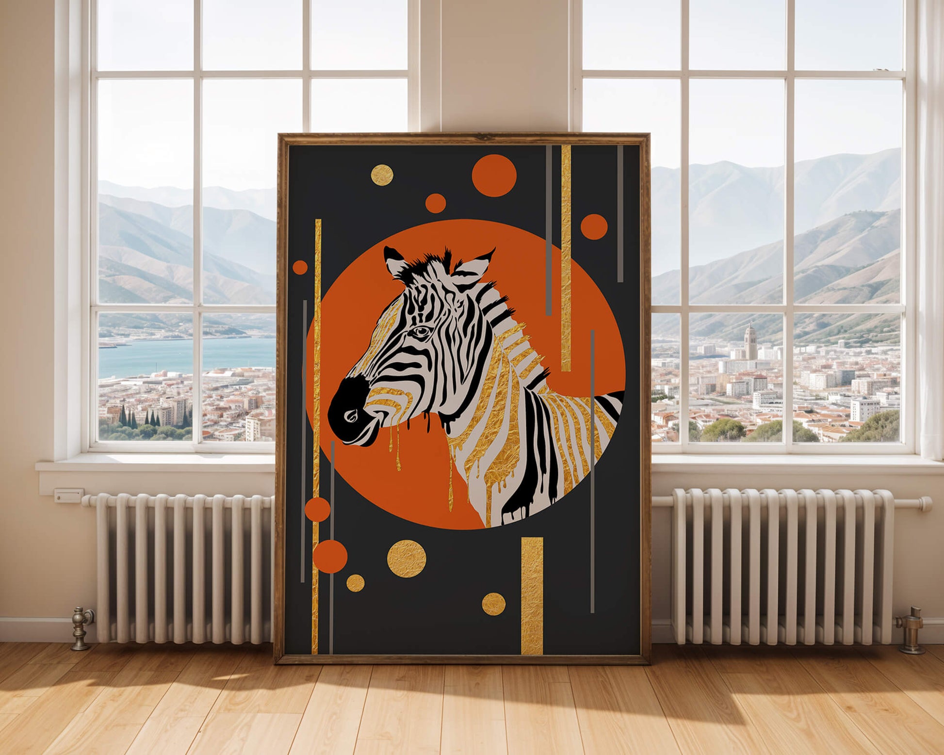 Modern zebra art with golden accents on abstract background