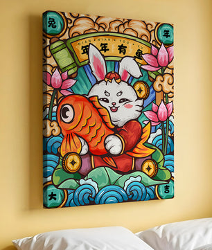 Festive rabbit holding golden fish with lotus flowers and waves in a traditional design
