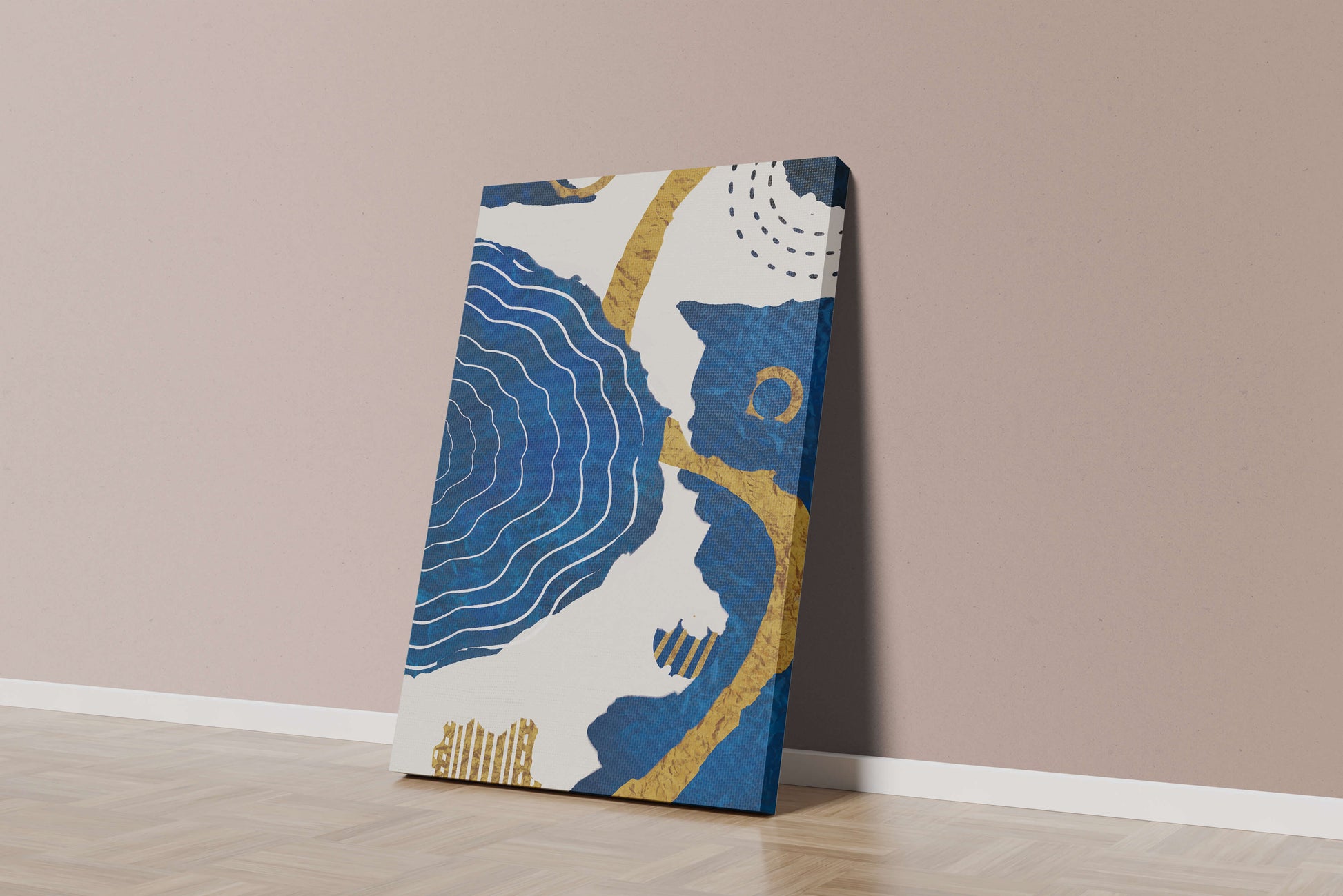 Diseño abstracto ondulado azul y dorado con patrones geométricos