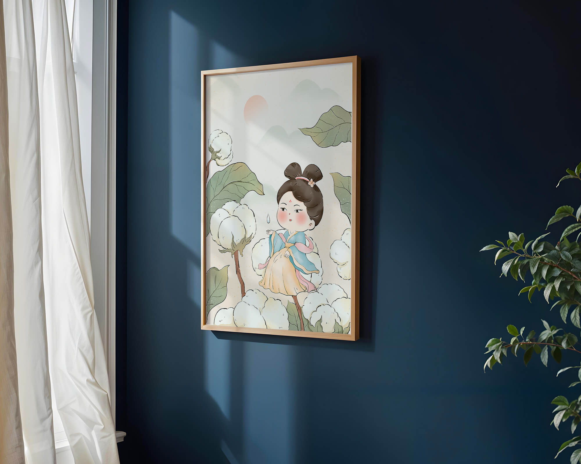 Elegant illustration of a young girl in traditional attire amid cotton plants