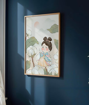 Illustration élégante d'une jeune fille en tenue traditionnelle au milieu de plants de coton