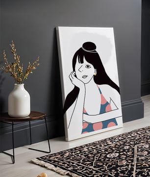 Elegant Minimalist Woman Portrait with Polka Dot Dress and Gold Earring - Mi tienda