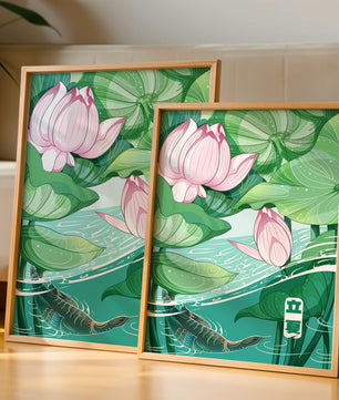 Illustration nature sereine avec fleurs de lotus et vie aquatique