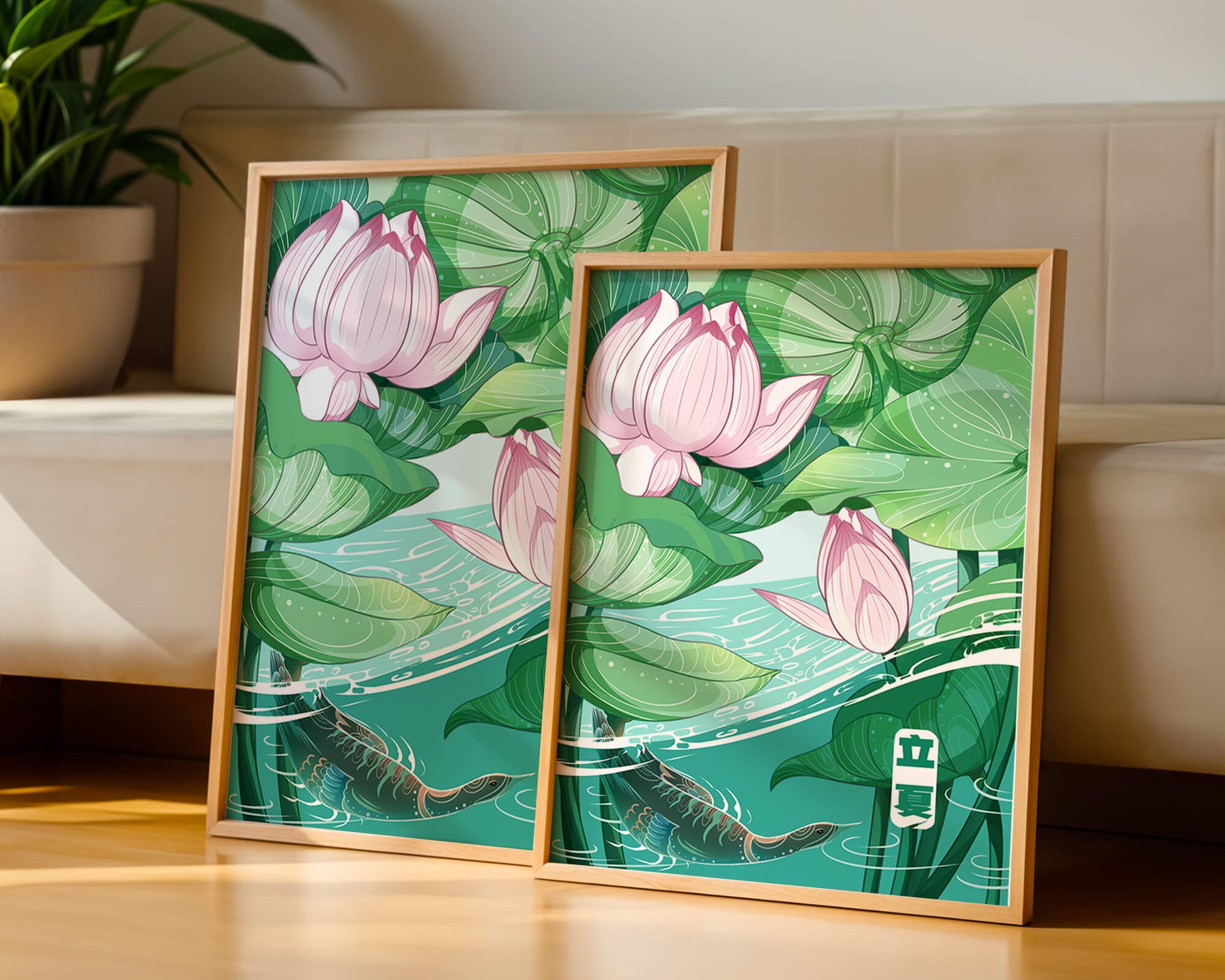 Ilustración de la naturaleza serena con flores de loto y vida acuática