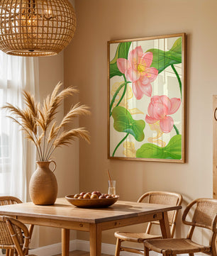 Illustration of pink lotus flowers with green leaves on a pastel background