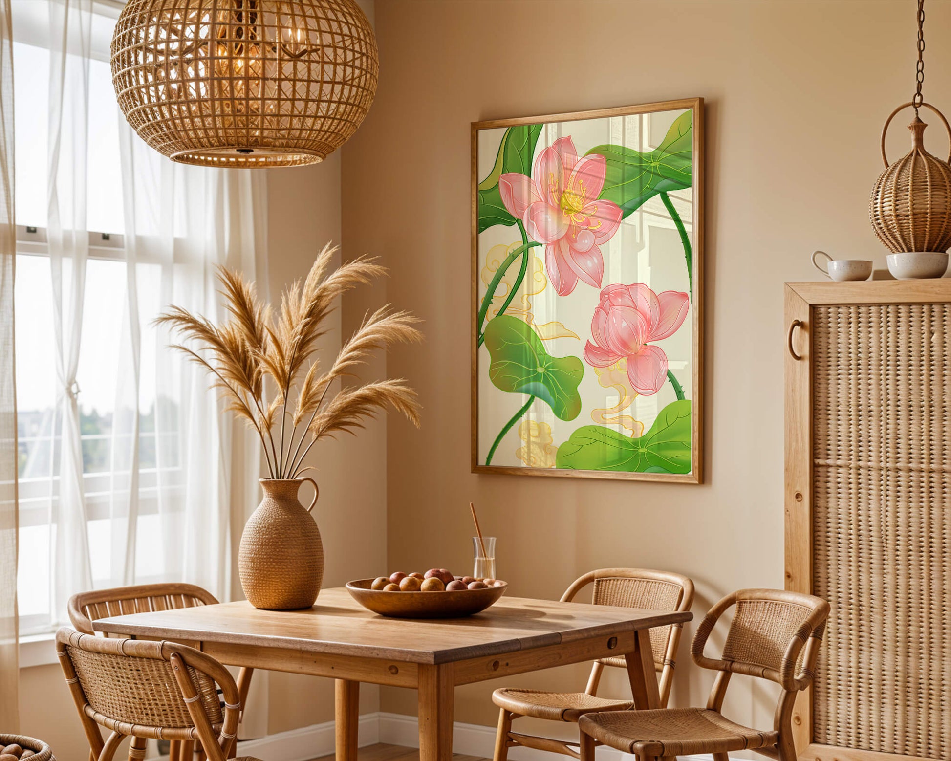Illustration of pink lotus flowers with green leaves on a pastel background