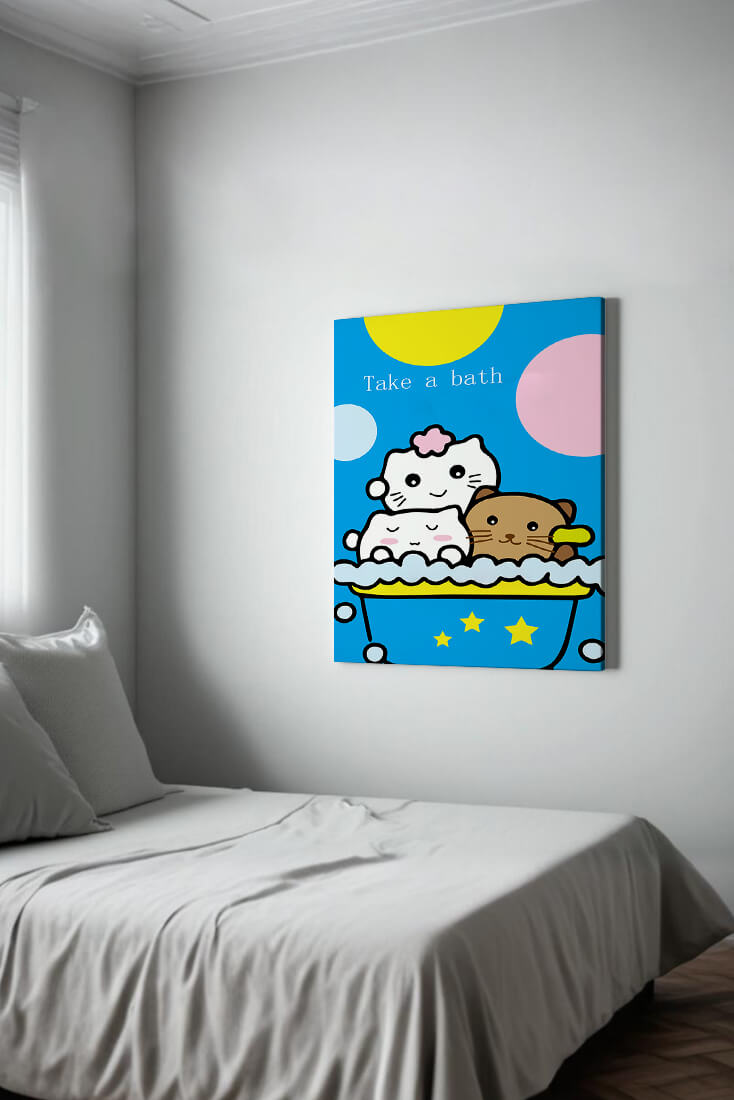 Adorable cartoon characters in a bubble bath with vibrant background