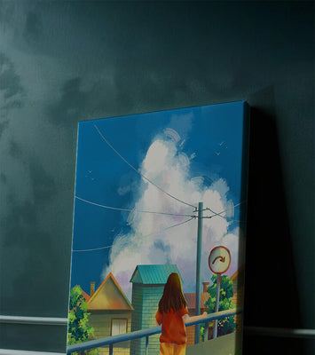 Girl standing on a bridge overlooking a suburban street with vibrant clouds and blue sky