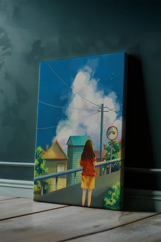 Girl standing on a bridge overlooking a suburban street with vibrant clouds and blue sky