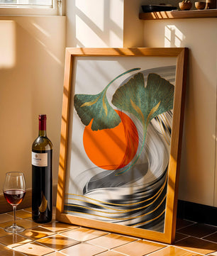 Hojas de Ginkgo abstractas con círculo naranja y ondas plateadas