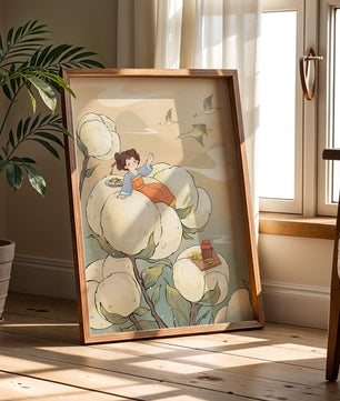 Illustration d'une fille sur des fleurs géantes avec des oiseaux volants et de la nourriture