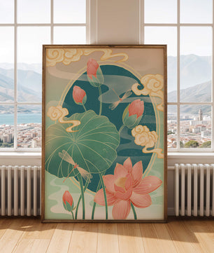 Ruhiges orientalisches Lotus-Design mit Libellen und Wolken