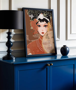 Elegante retrato de una mujer asiática con atuendo tradicional y elementos florales