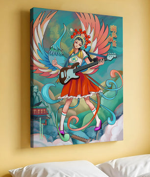 Fusión colorida de arte tradicional y moderno con un músico como protagonista