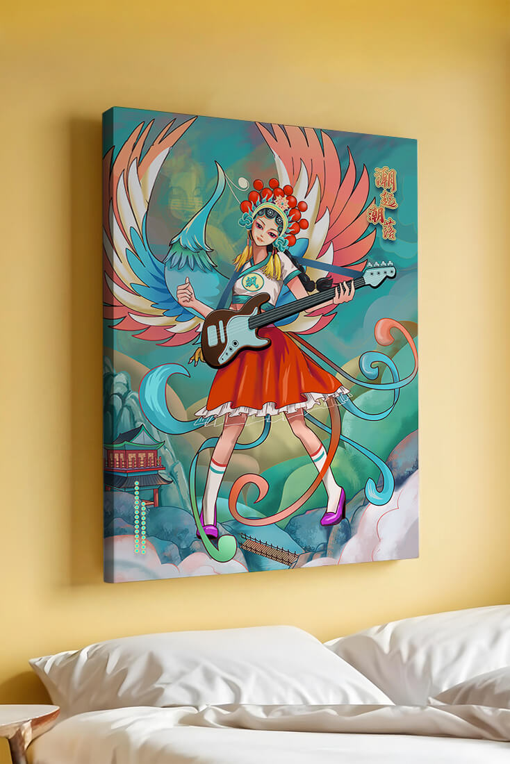 Colorful fusion of traditional and modern art featuring a musician