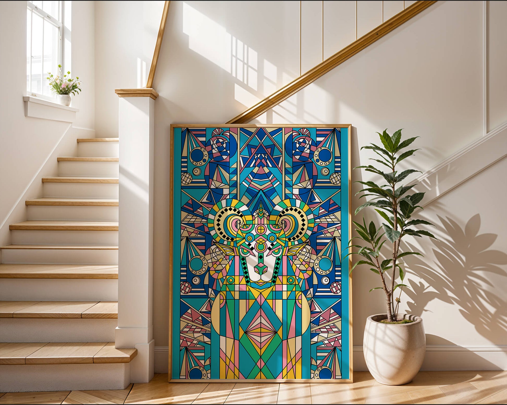 Geometrische Widder-Illustration in lebendigen Farben
