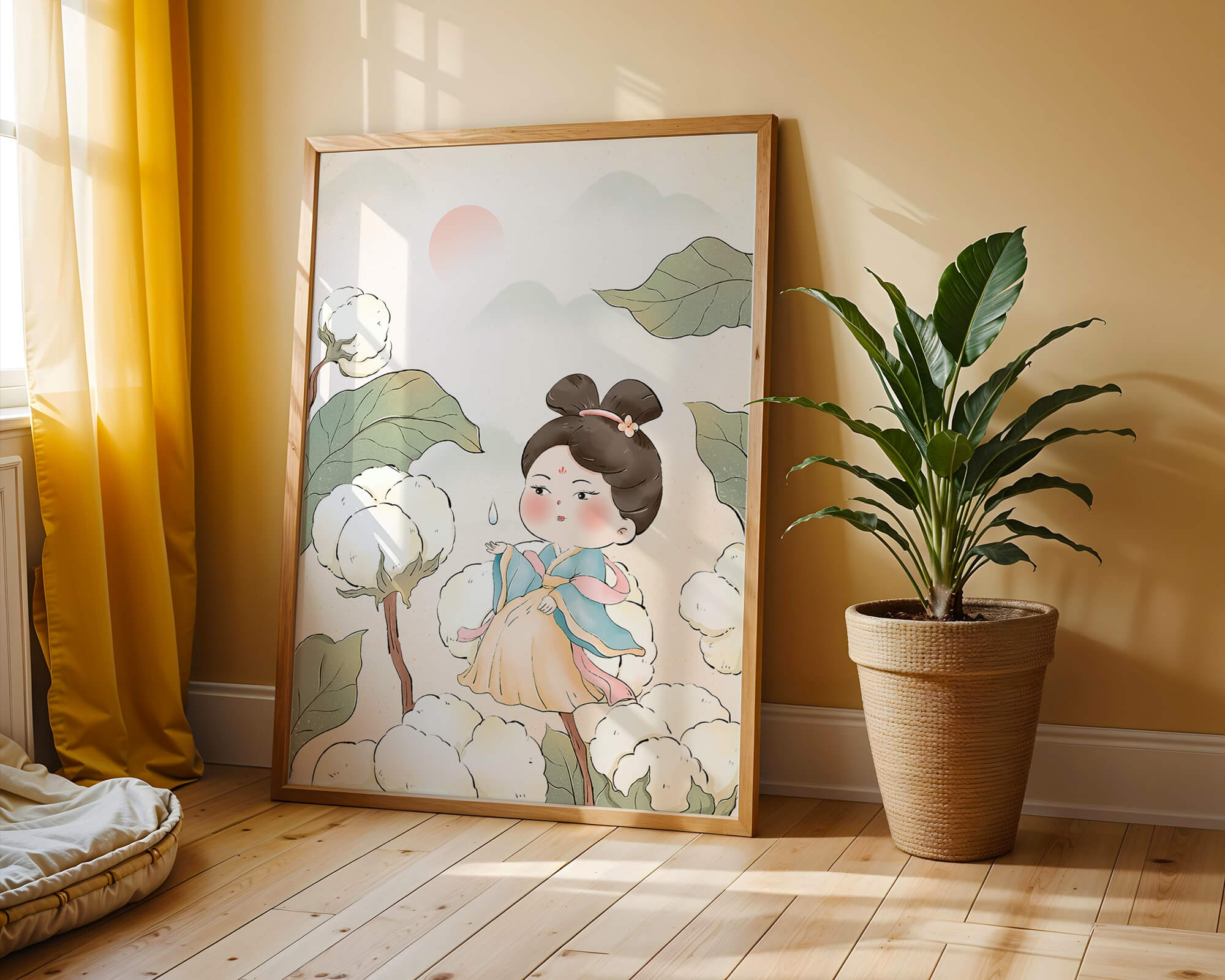 Elegant illustration of a young girl in traditional attire amid cotton plants