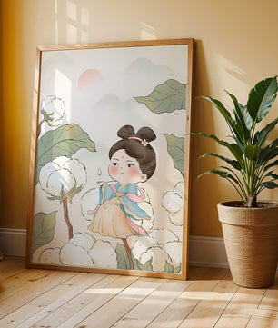 Illustration élégante d'une jeune fille en tenue traditionnelle au milieu de plants de coton