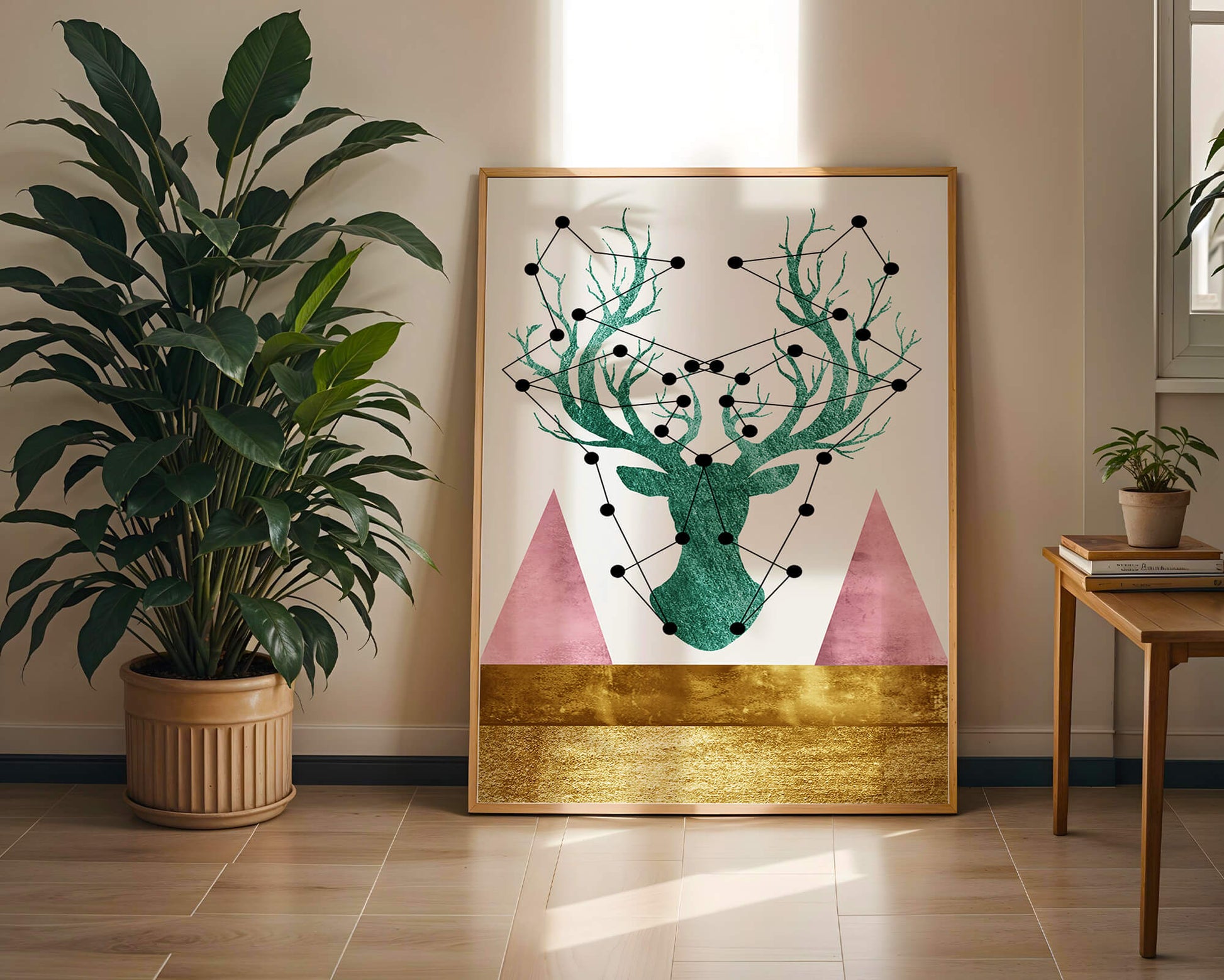 Geometric Deer with Abstract Elements and Gold Accents